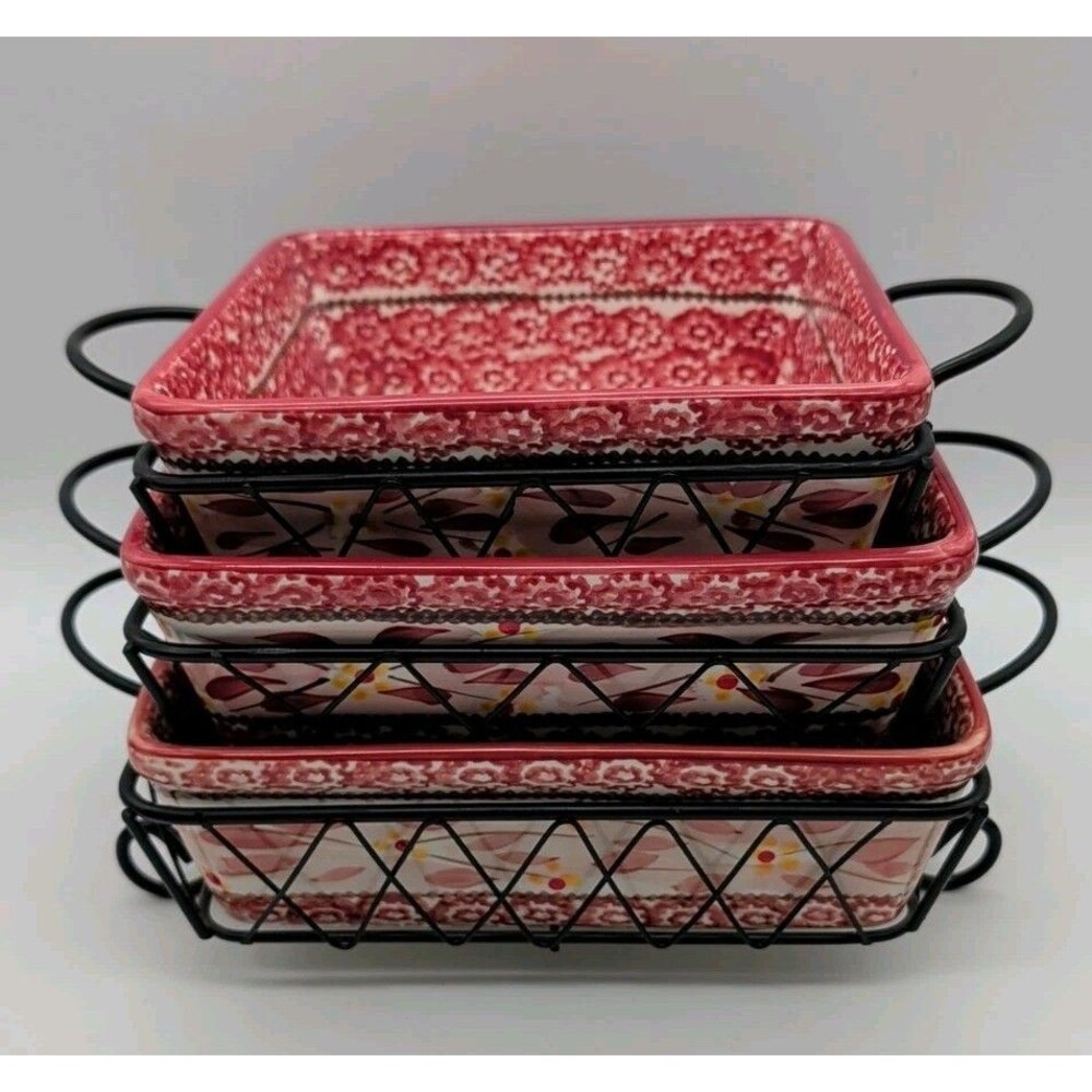 Temp-Tations Old World Cranberry Set of 3 Square Bakers With Wire Serving Racks